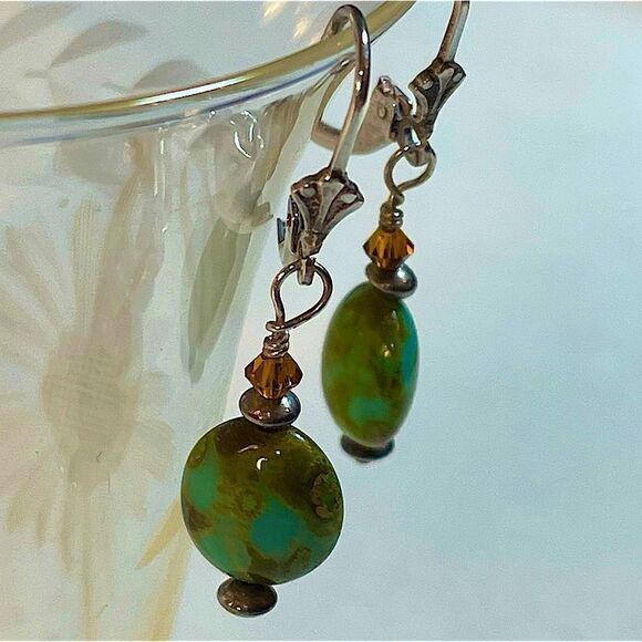 Sterling, green tortoise, hematite and Swarovski Crystal drop earrings - Picture 1 of 8